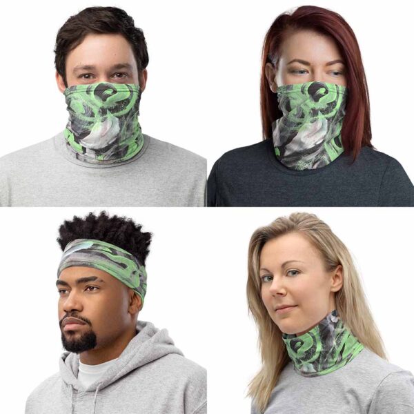Polar Lights Multipurpose Face Mask can be use as face covering, headband, and neck warmer. Polar Lights Face Covering has an original design by Bash Art in green, white and black.