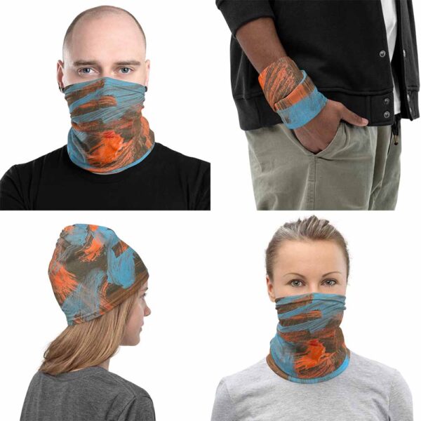Four images of multipurpose Volcano Face Mask, by Bash Art. The colorful piece combines shades of red and blue. The piece can be use as face covering, wristband, beanie and face mask.