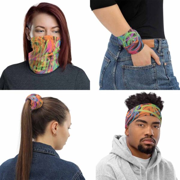 Multipurpose Efflorescent Face Mask, by Bash Art. The image shows four different ways to wear the piece as face covering, bandana, headband, and wristband.