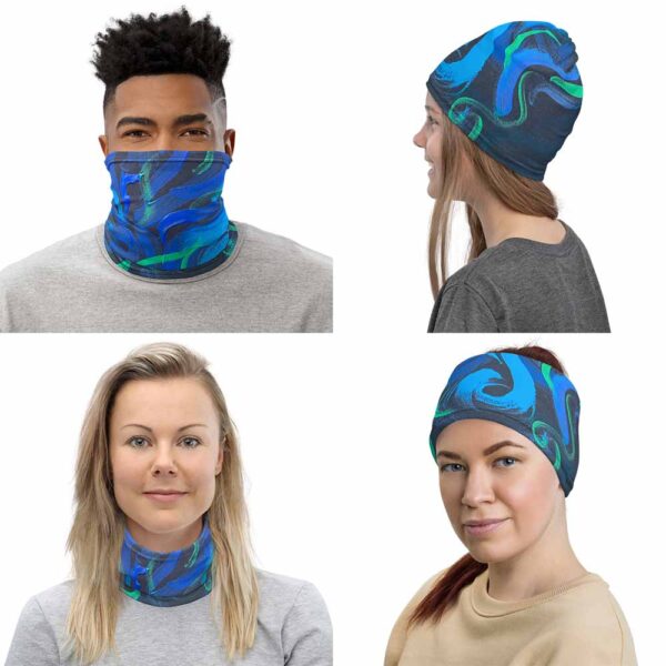 Image shows multipurpose uses of Glitzy Beetles Face Mask, by Bash Art. First image shows its use as face covering, second as a beanie, third as neck warmer and fourth as headband.