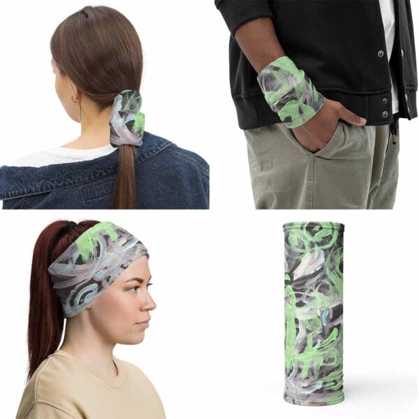 Polar Lights Multipurpose Face Mask can be use as headband, wristband, and bandana. Polar Lights Face Covering has an original design by Bash Art in green, white and black.