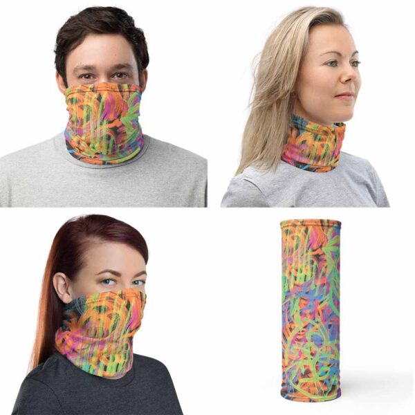 Four images of multipurpose Efflorescent Face Mask, by Bash Art. The colorful piece combines shades of orange, green, blue, yellow and black composing a beautiful aquarela of colors. The piece can be use as face covering, as shown in image one and three, and as neck warmer, in picture two. Last image shows the face mask cylindrical shape.